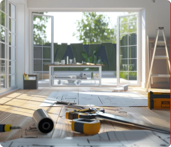 Blueprints and contractor tools laid out on a table in front of a renovated sunroom