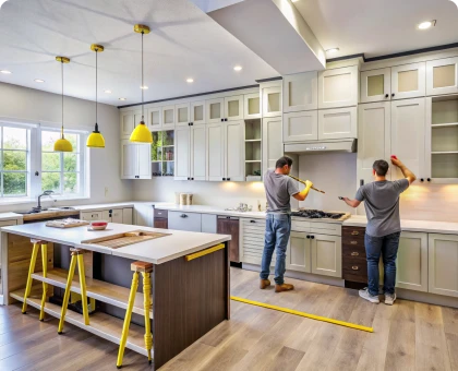 Contractors installing a kitchen island under pendant lighting