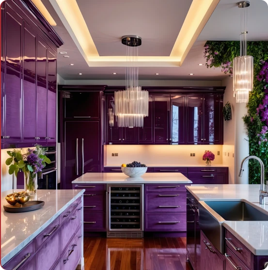 Luxury kitchen renovation with purple cabinetry and center island