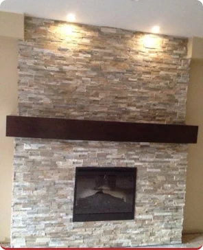 Stone accent fireplace wall with wood mantel