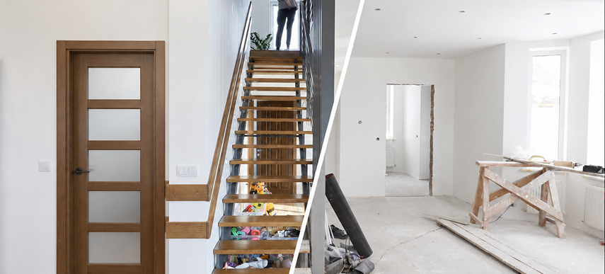A split-screen comparison showing a completed modern home interior next to an active construction site for a Home Remodeling Toronto project.